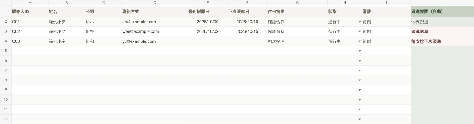 聯絡人與往來紀錄表範例畫面,資料皆為虛構