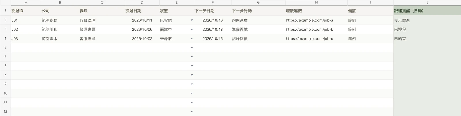 求職投遞追蹤表範例畫面,資料皆為虛構