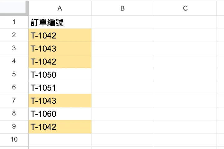 A1:A9 訂單編號,重複的 T-1042 與 T-1043 各列底色為黃