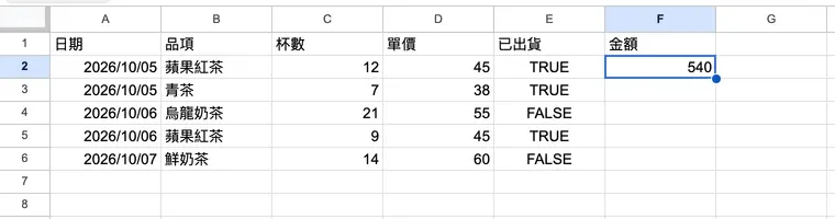 拖曳 F2 右下角的填滿控點到 F6