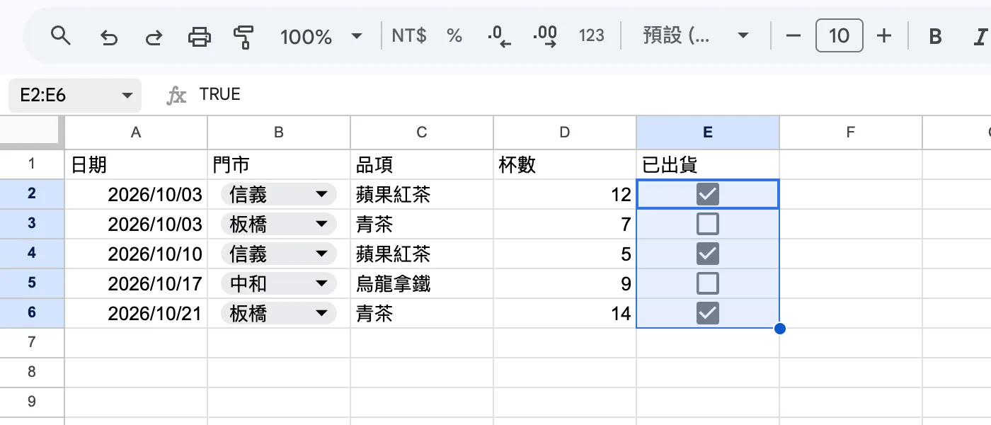 步驟:插入 > 核取方塊,E2:E6 出現方框,其中三格已勾選