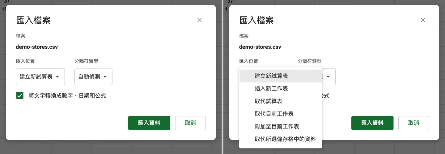 「匯入檔案」視窗,顯示匯入位置選項與分隔符號類型