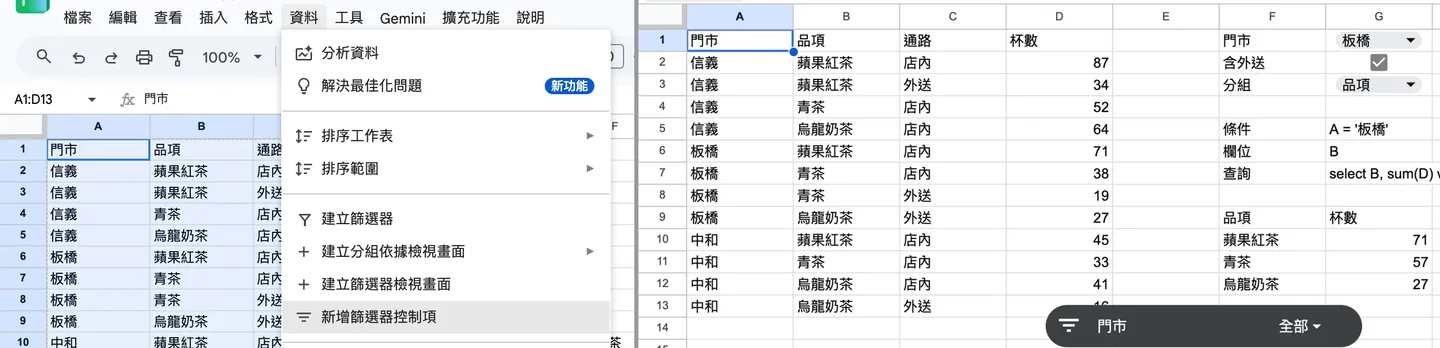 選取來源範圍,從資料選單新增篩選器控制項,再指定要篩選的資料欄