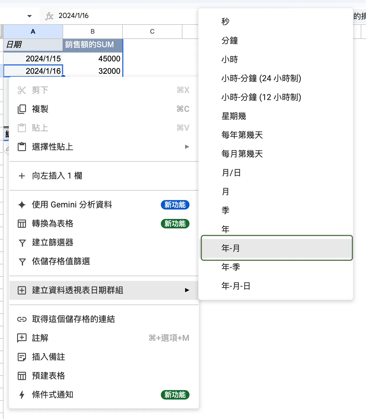 在透視表的日期上按右鍵,展開「建立資料透視表日期群組」子選單,選到年-月