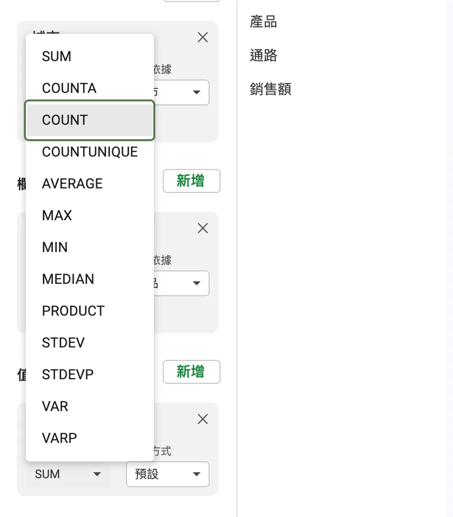 值欄位「匯總依據」下拉選單,列出 SUM、COUNTA、COUNT、COUNTUNIQUE、AVERAGE 等選項,其中 COUNT 被標出