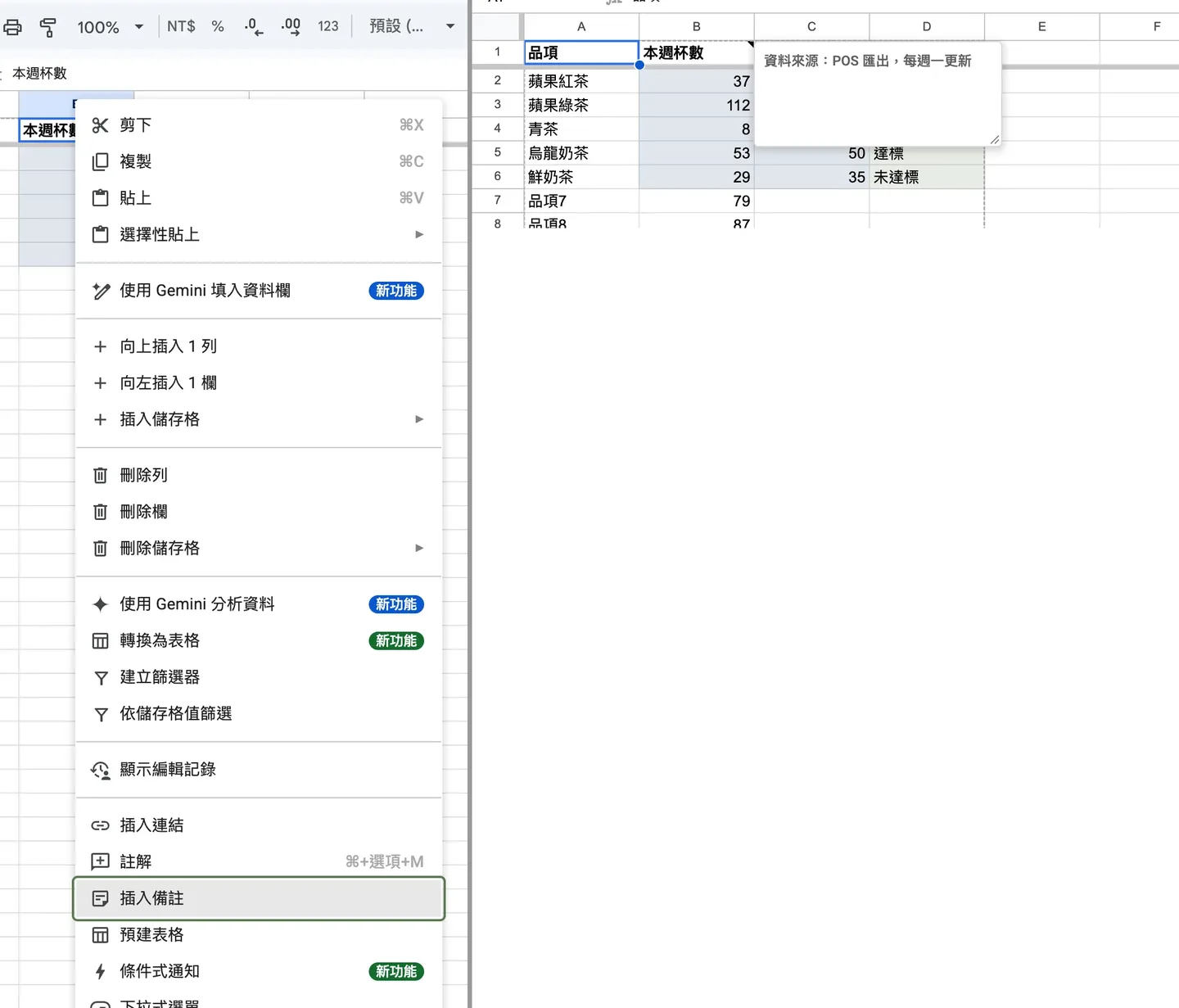 右鍵選單的「插入備註」,以及輸入備註後出現在儲存格旁的黃色說明框,內容是資料來源與更新頻率