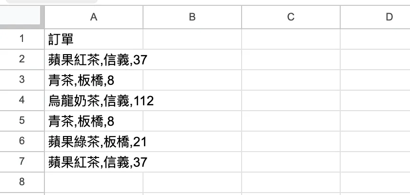 A1:A7 每一格都是用逗號相連的一整串文字