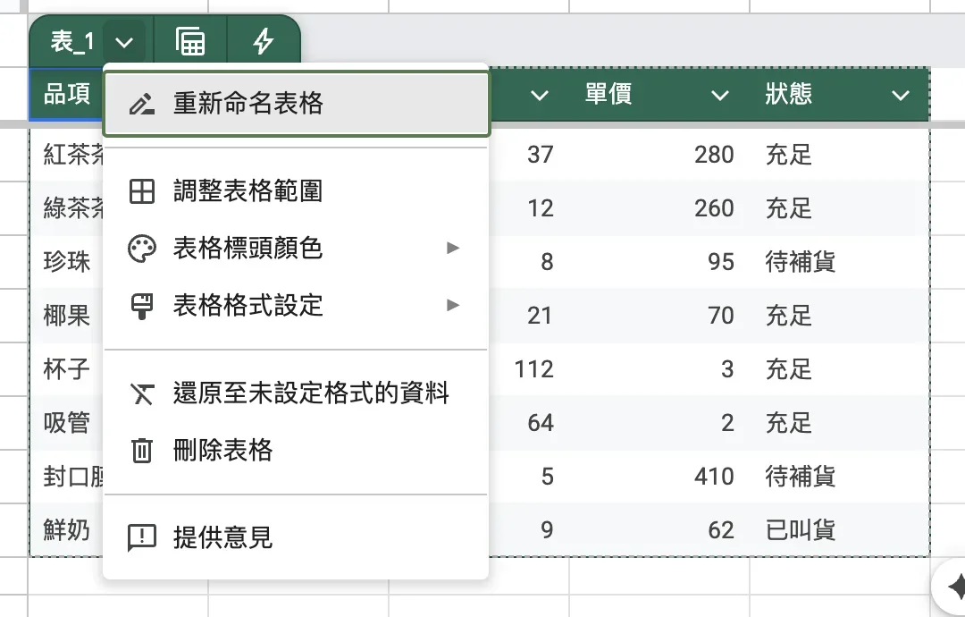 步驟 1:表格選單 > 重新命名表格